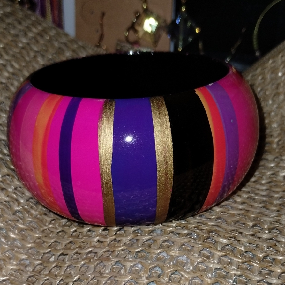 Wooden Painted Colorful Striped Bangle Bracelet